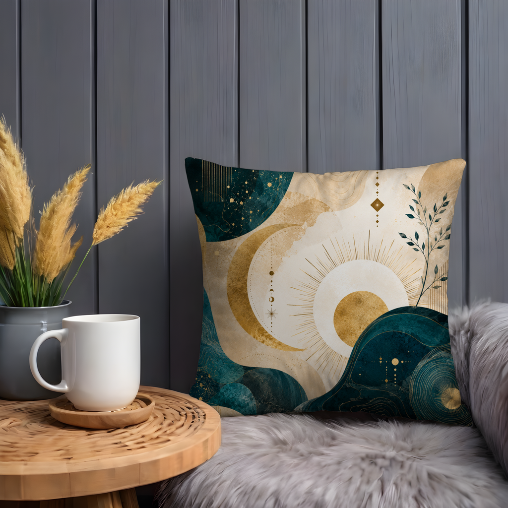 Celestial Waves Pillow Cover | Teal Gold Abstract Art | Luxury Boho Decor