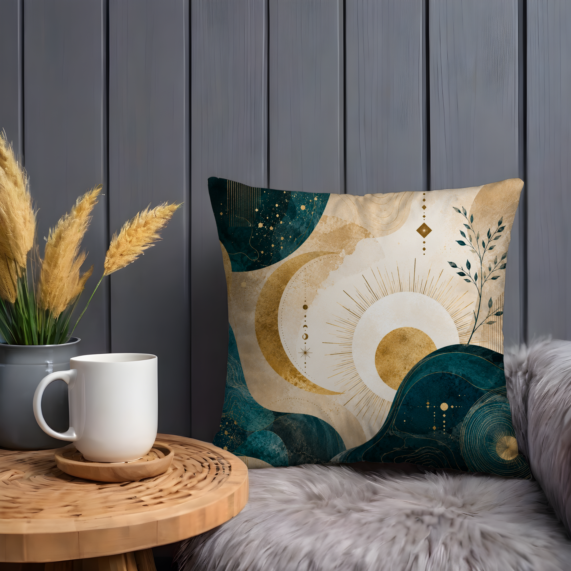 Celestial Waves Pillow Cover | Teal Gold Abstract Art | Luxury Boho Decor