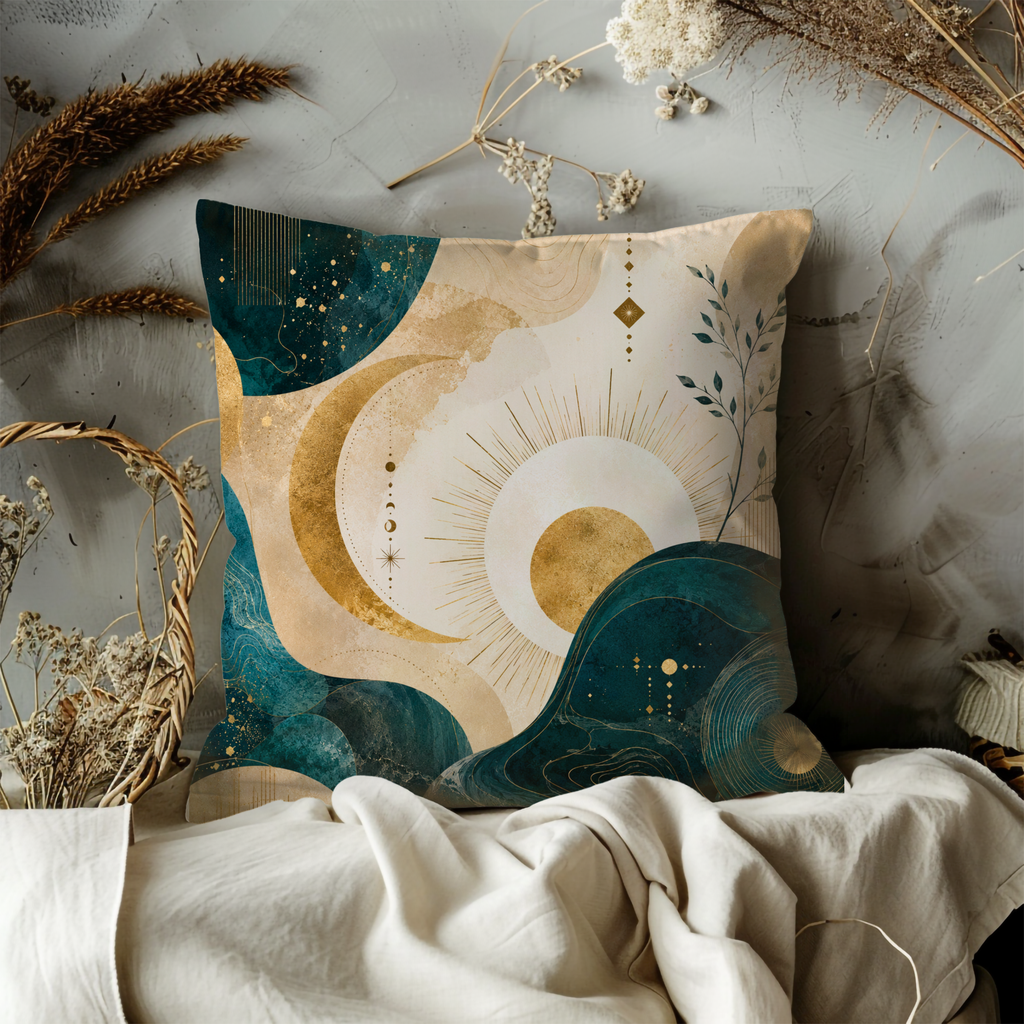 Celestial Waves Pillow Cover | Teal Gold Abstract Art | Luxury Boho Decor