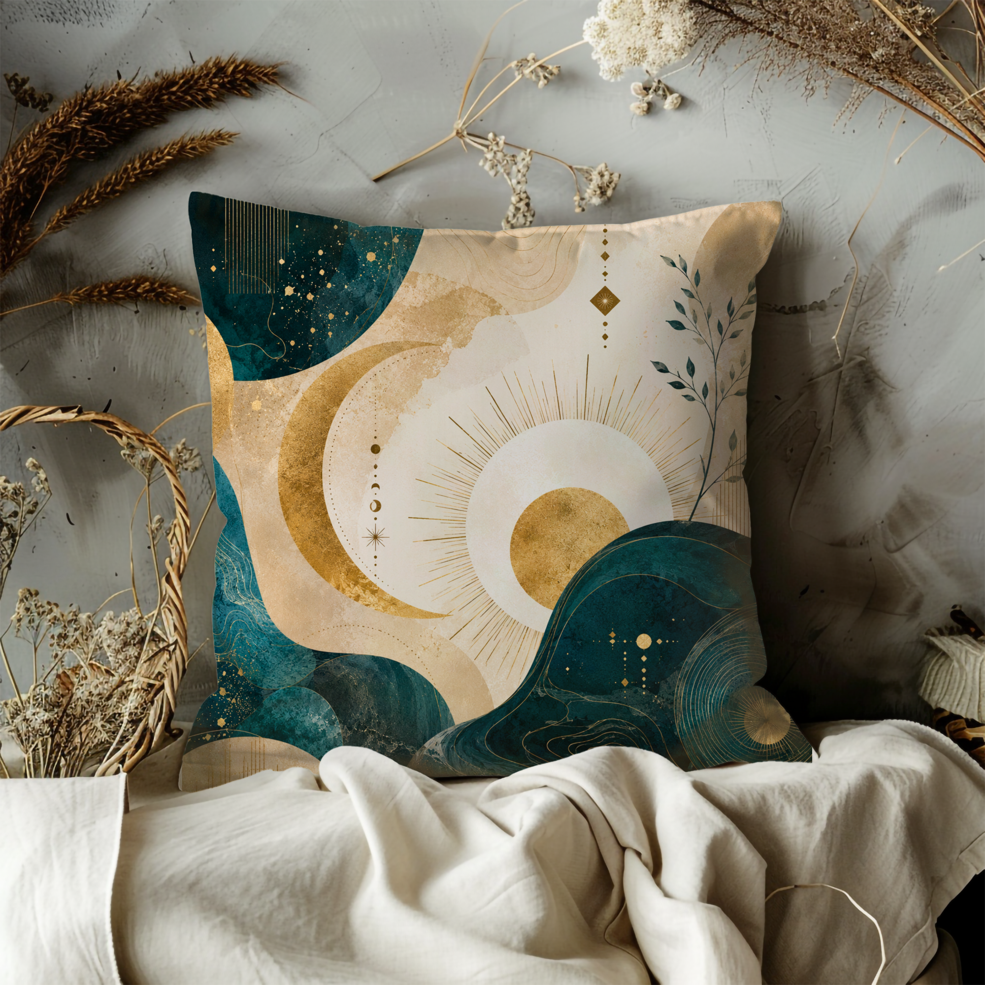 Celestial Waves Pillow Cover | Teal Gold Abstract Art | Luxury Boho Decor