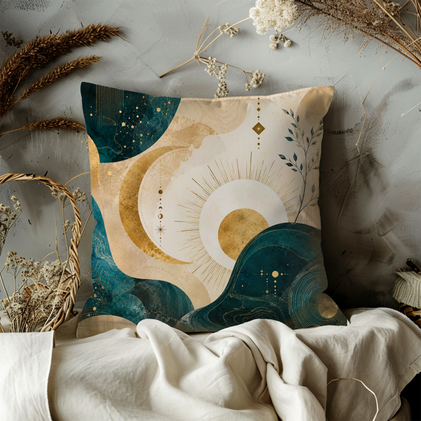 Celestial Waves Pillow Cover – Teal Gold Abstract Art | Luxury Boho Decor