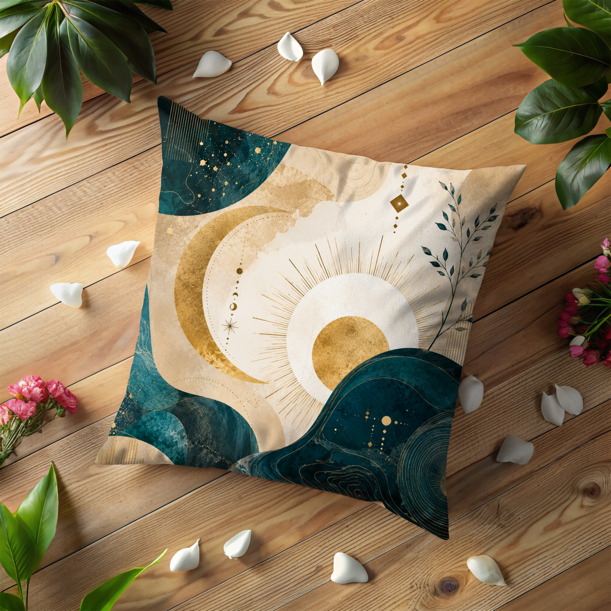 Celestial Waves Pillow Cover | Teal Gold Abstract Art | Luxury Boho Decor