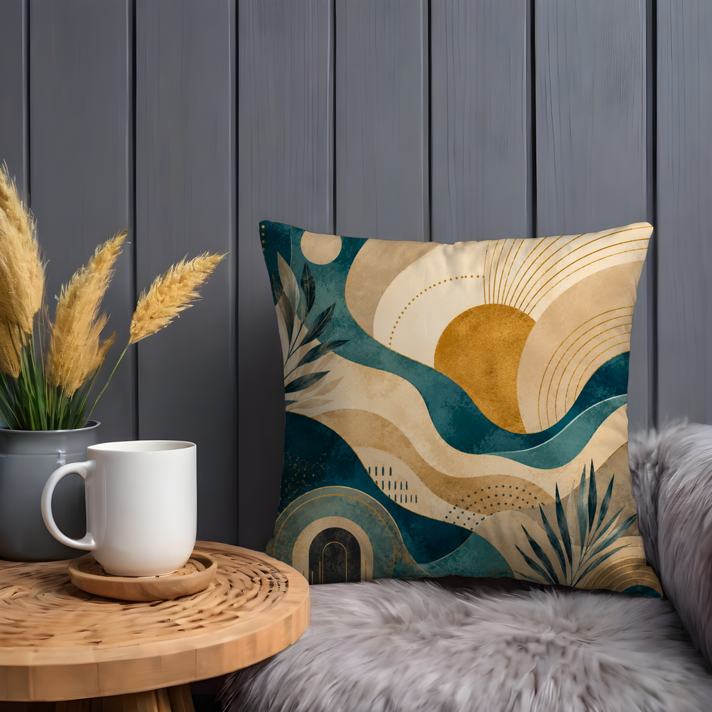 Teal Wave Sun Pillow Cover | Modern Abstract Art | Luxury Boho Decor