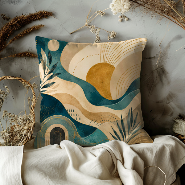 Teal Wave Sun Pillow Cover – Modern Abstract Art | Luxury Boho Decor