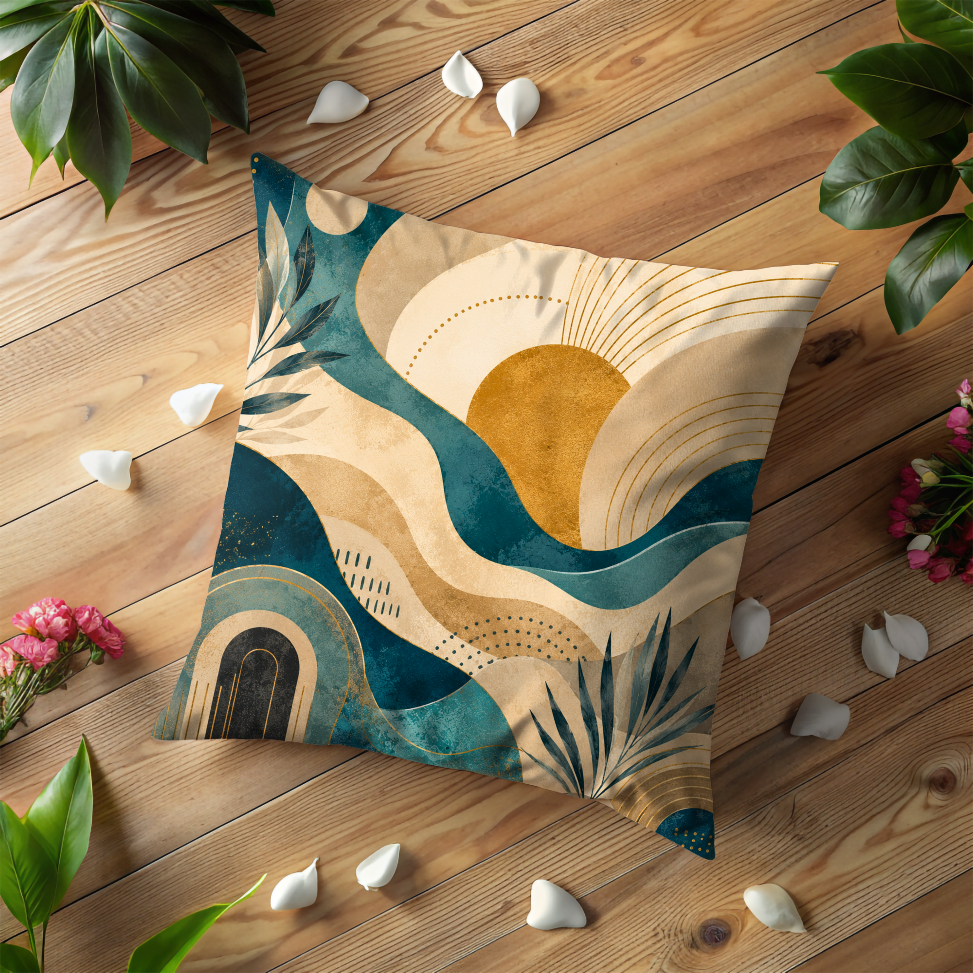 Teal Wave Sun Pillow Cover | Modern Abstract Art | Luxury Boho Decor