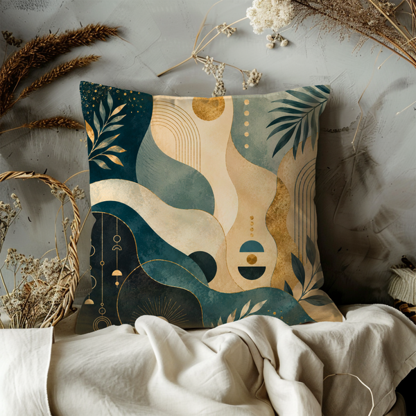 Teal Gold Abstract Pillow Cover – Modern Geometric Art | Luxe Nature Decor