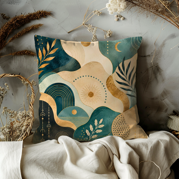 Teal Sun Wave Pillow Cover – Modern Abstract Art | Luxury Boho Decor