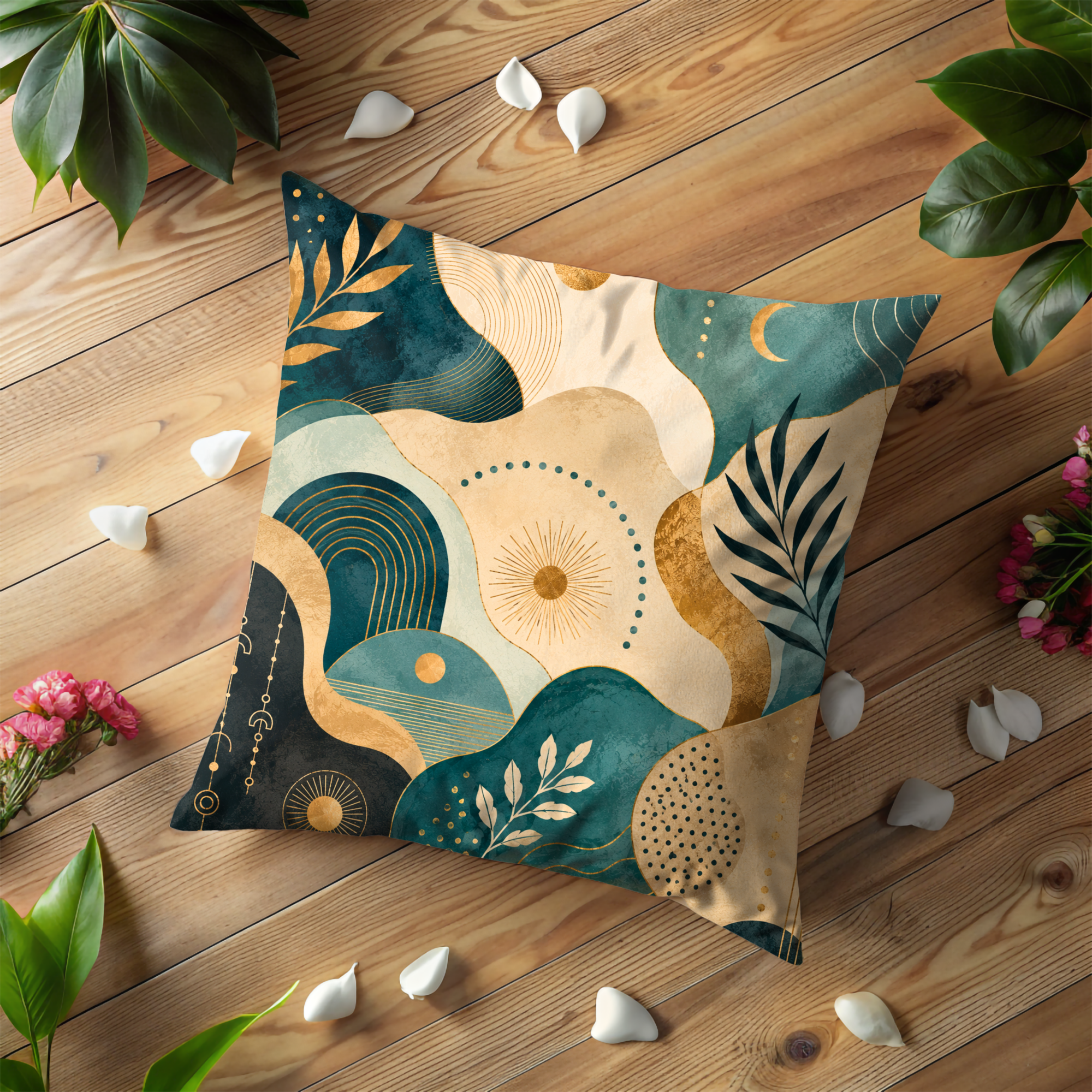 Teal Sun Wave Pillow Cover | Modern Abstract Art | Luxury Boho Decor