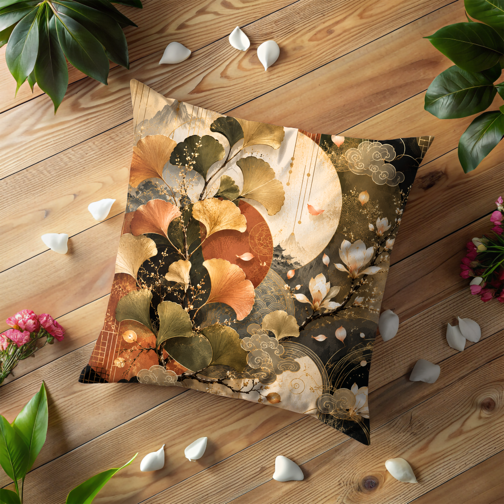 Ginkgo Japanese Pillow Cover | Elegant Oriental Art | Luxe Nature Decor