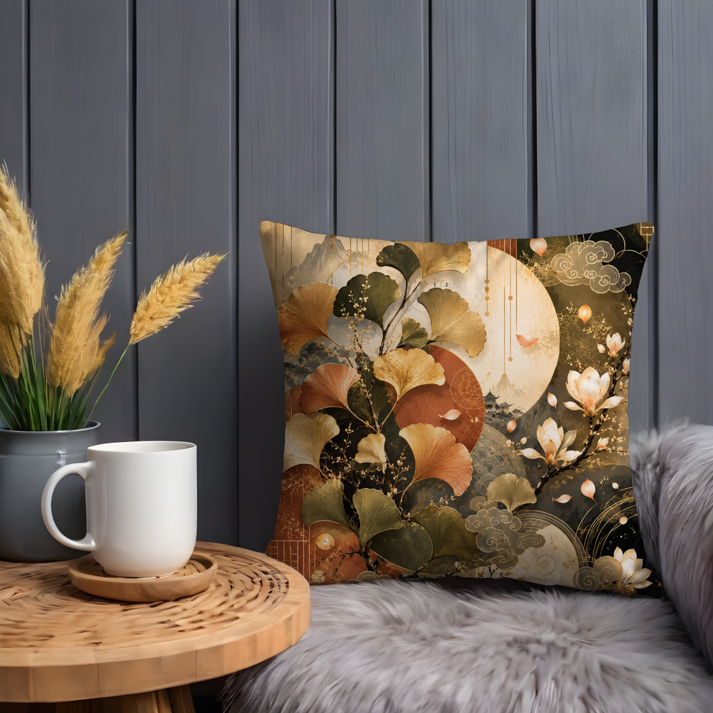 Ginkgo Japanese Pillow Cover | Elegant Oriental Art | Luxe Nature Decor