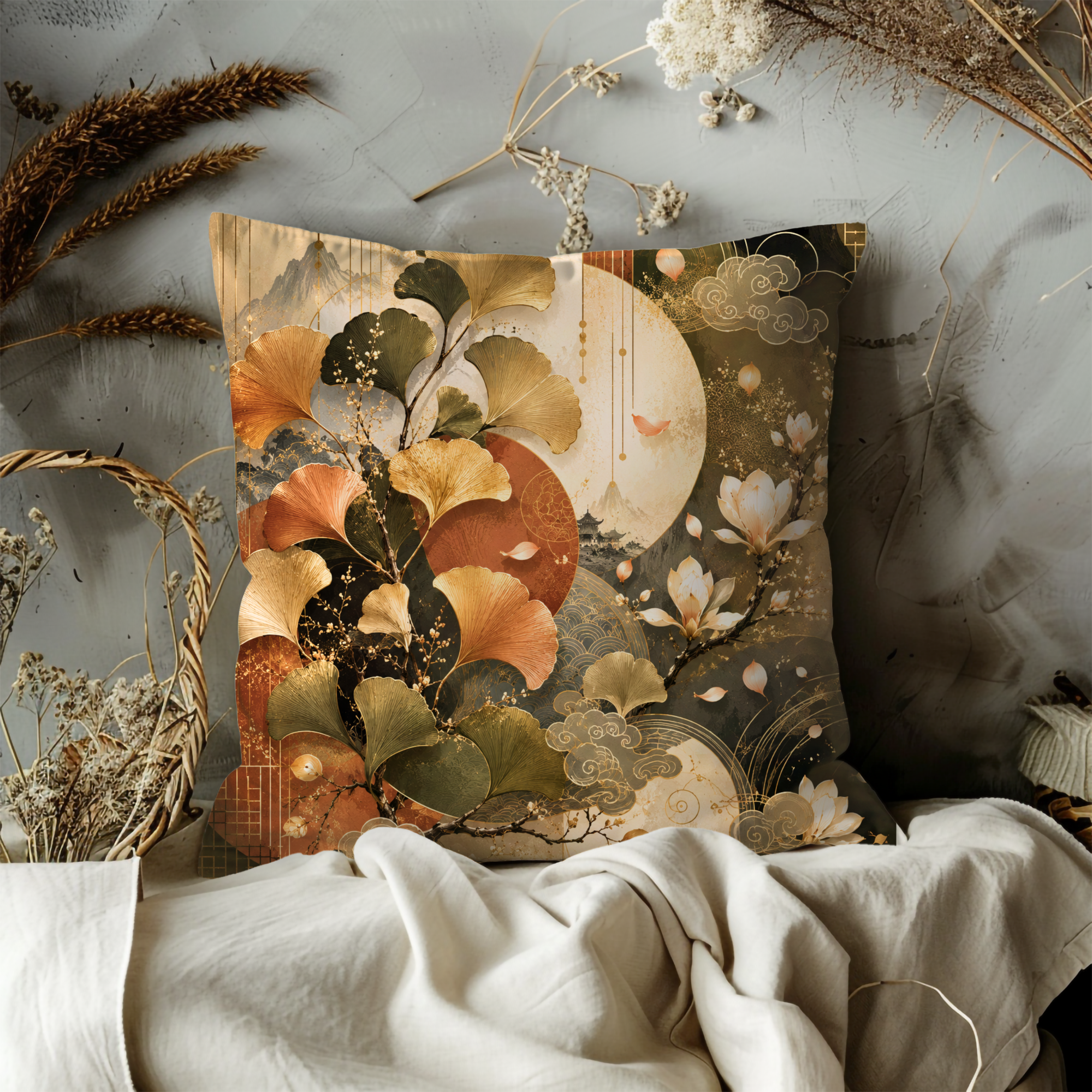 Ginkgo Japanese Pillow Cover | Elegant Oriental Art | Luxe Nature Decor