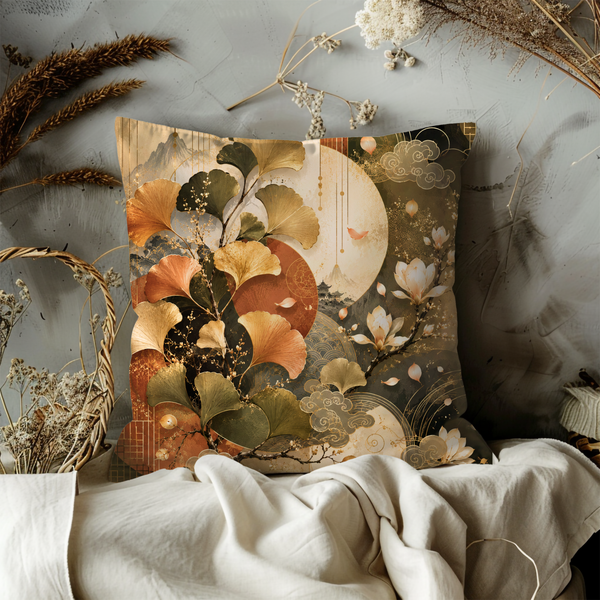 Ginkgo Japanese Pillow Cover – Elegant Oriental Art | Luxe Nature Decor