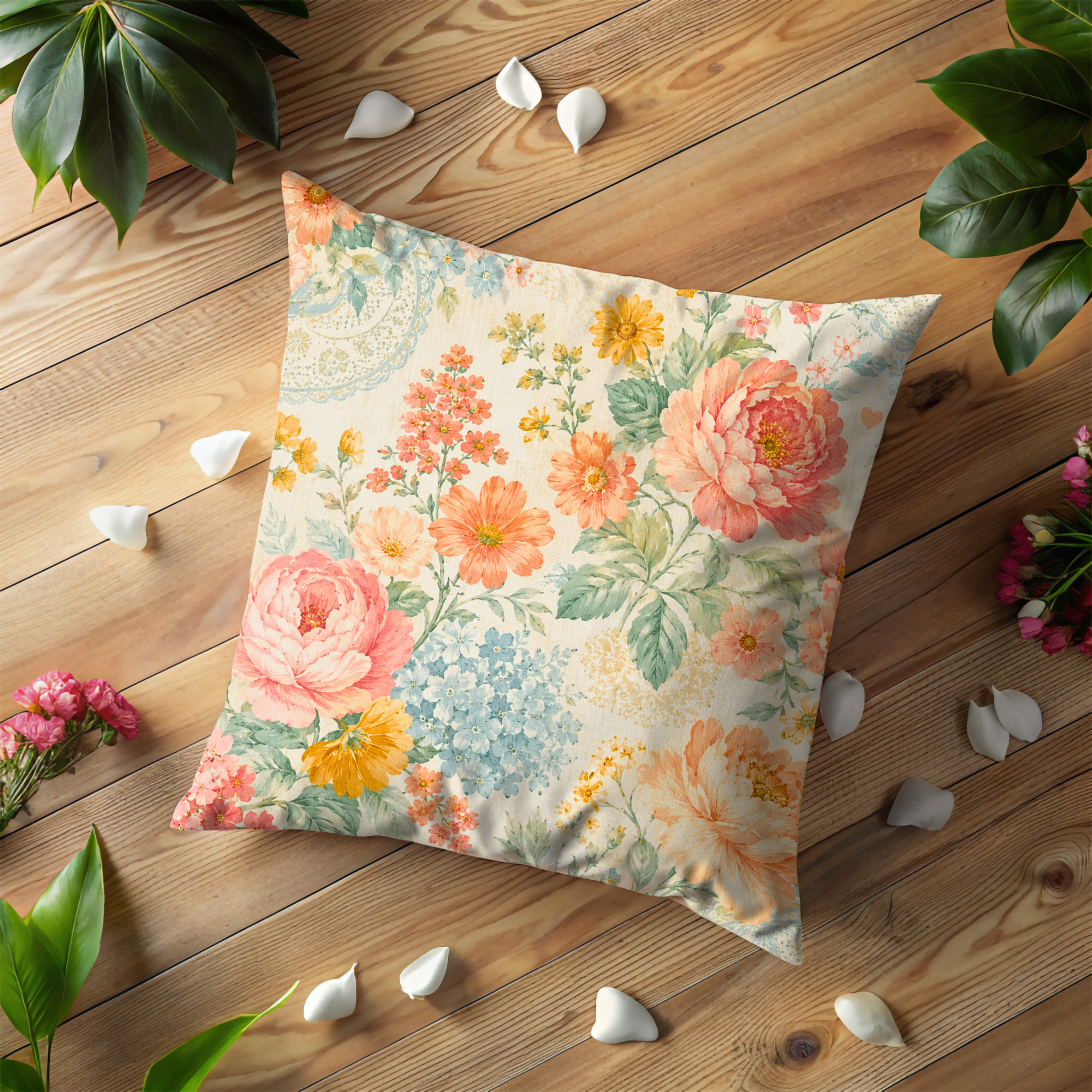 Colorful Floral Pillow Cover | Vintage Garden Art | Romantic Nature Decor