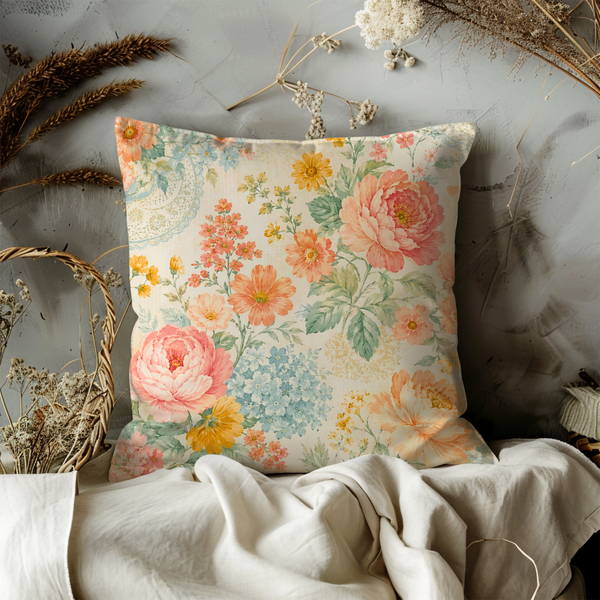 Colorful Floral Pillow Cover – Vintage Garden Art | Romantic Nature Decor