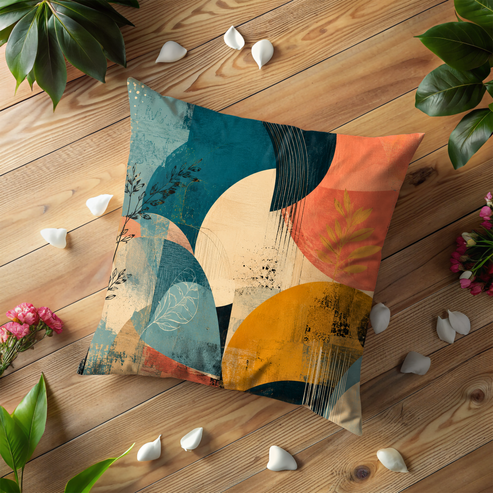 Vibrant Teal Orange Abstract Pillow Cover | Modern Geometric Art | Bold Boho Decor