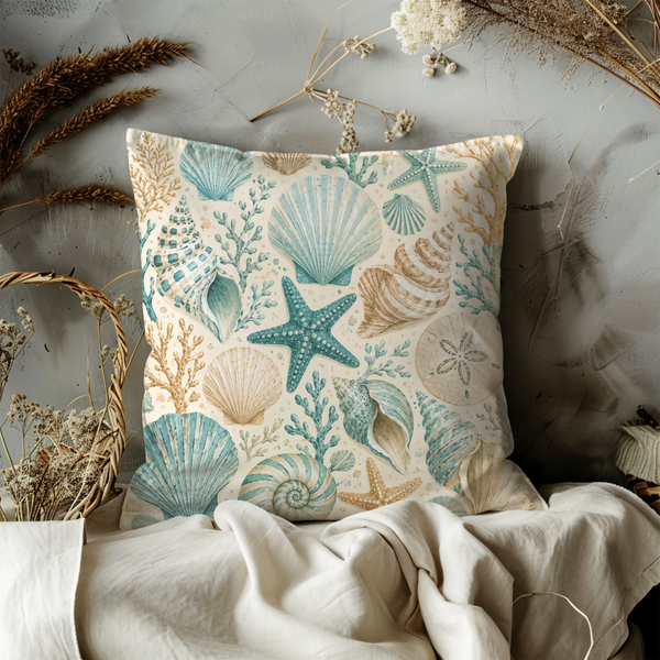 Seashell Starfish Pillow Cover – Coastal Nautical Art | Beach Boho Decor