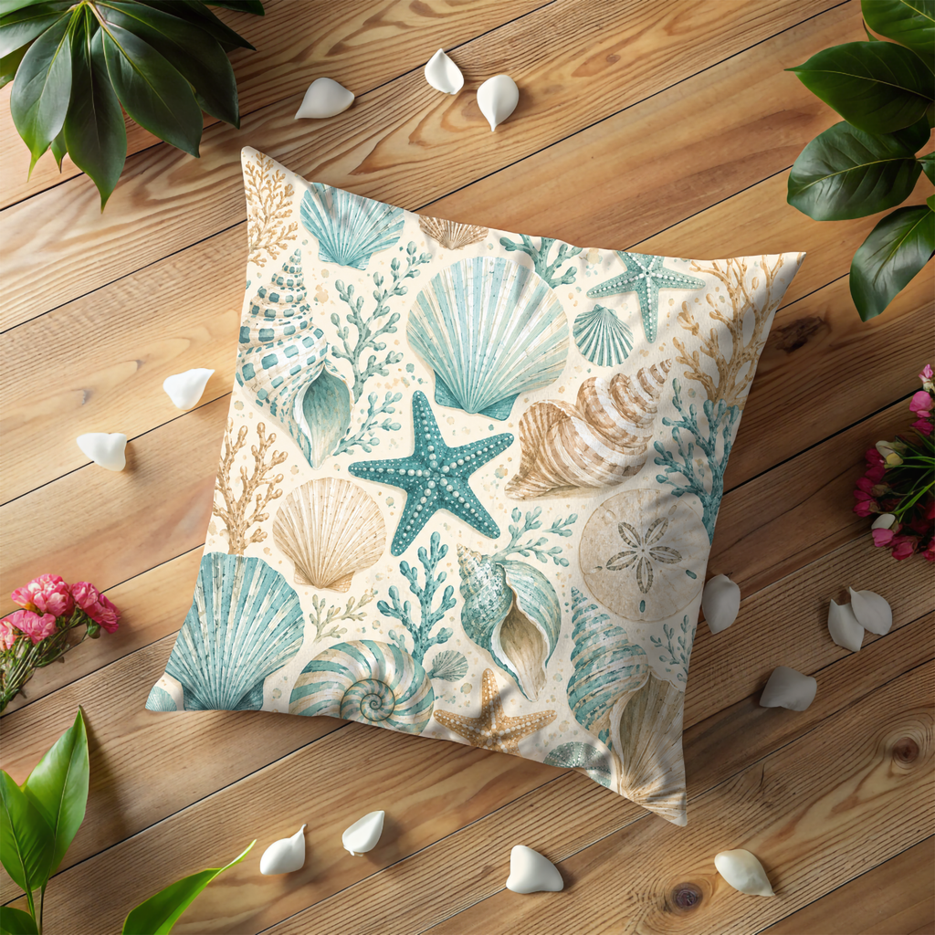 Seashell Starfish Pillow Cover | Coastal Nautical Art | Beach Boho Decor
