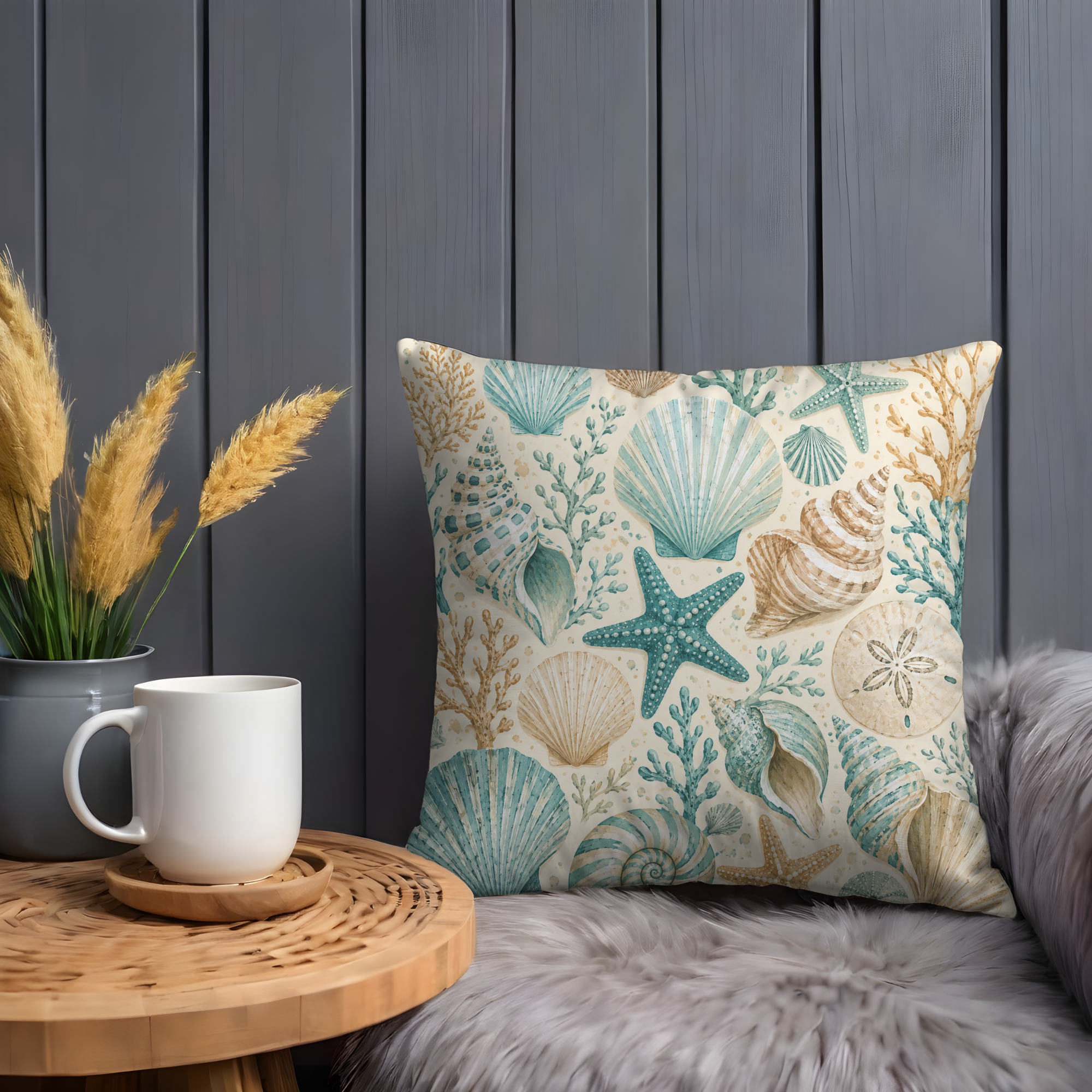 Seashell Starfish Pillow Cover | Coastal Nautical Art | Beach Boho Decor