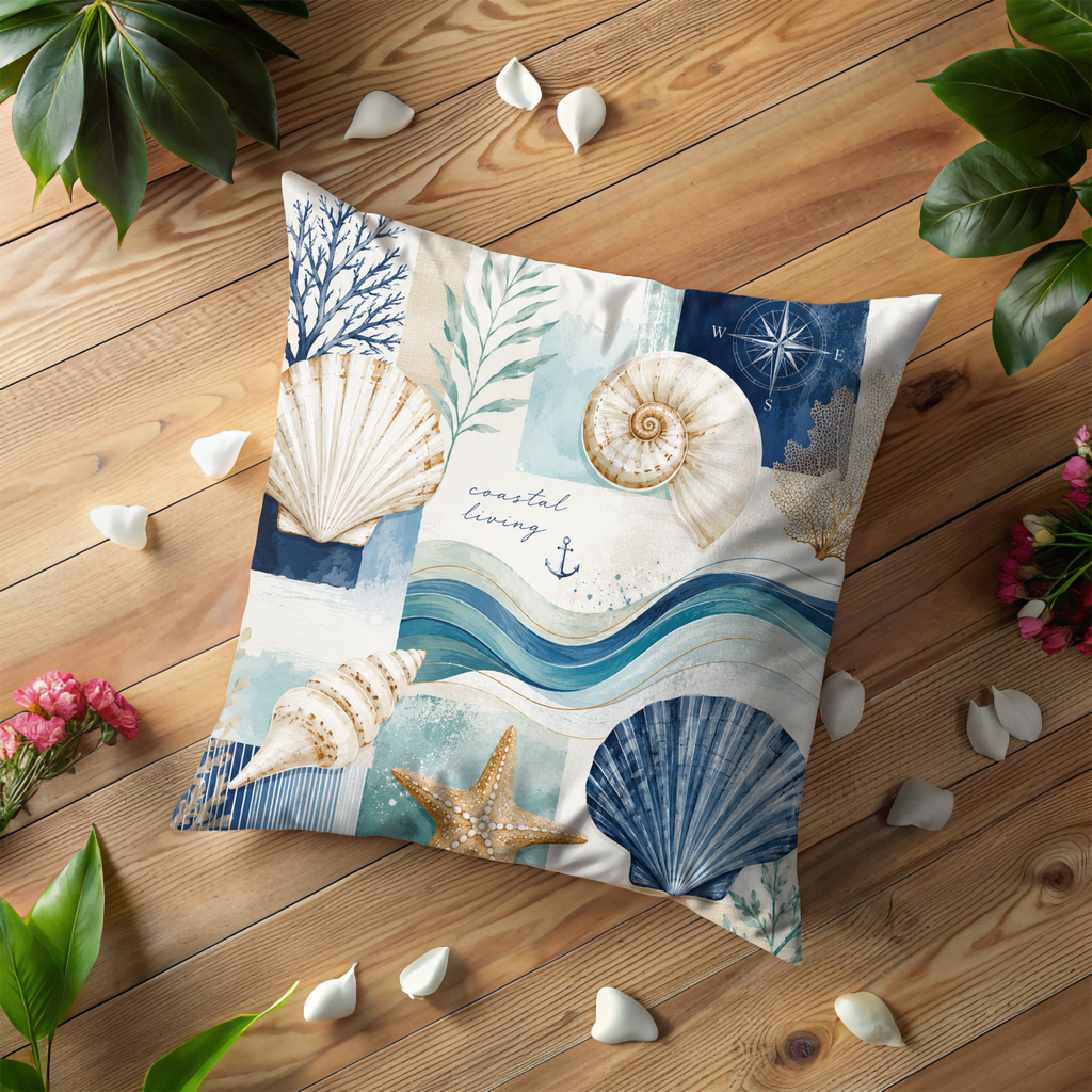 Coastal Living Pillow Cover | Seashell Ocean Art | Beach House Decor