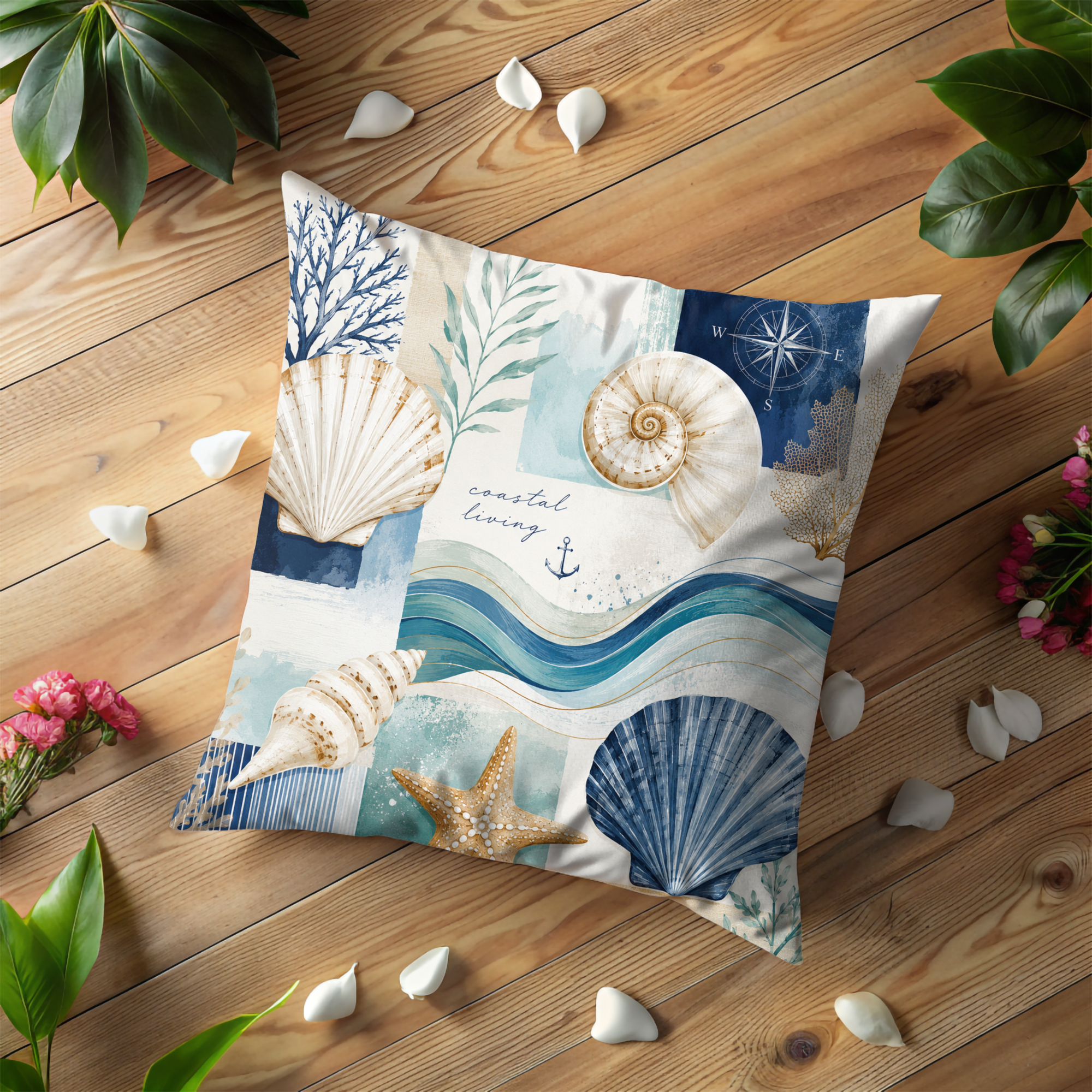 Coastal Living Pillow Cover | Seashell Ocean Art | Beach House Decor
