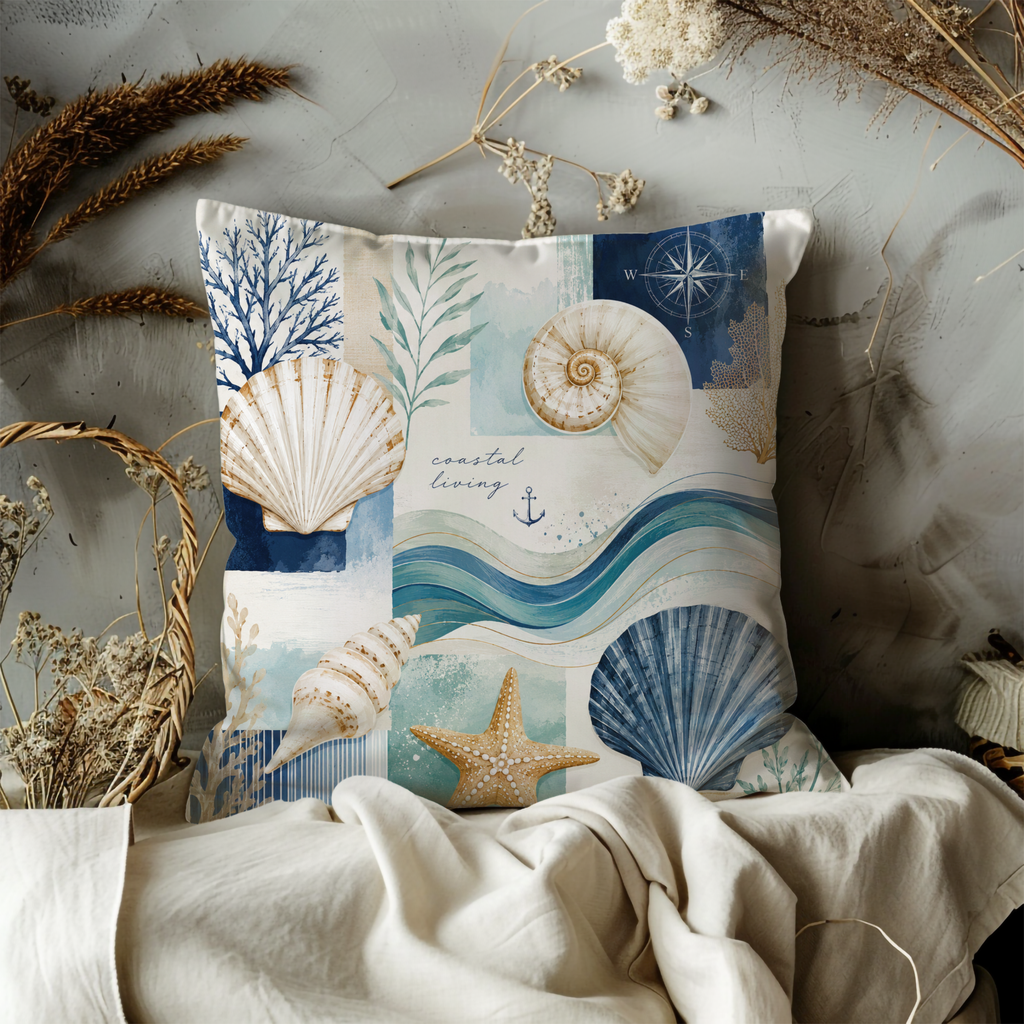Coastal Living Pillow Cover | Seashell Ocean Art | Beach House Decor