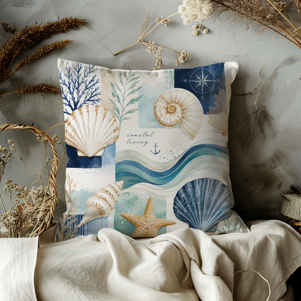 Coastal Living Pillow Cover – Seashell Ocean Art | Beach House Decor