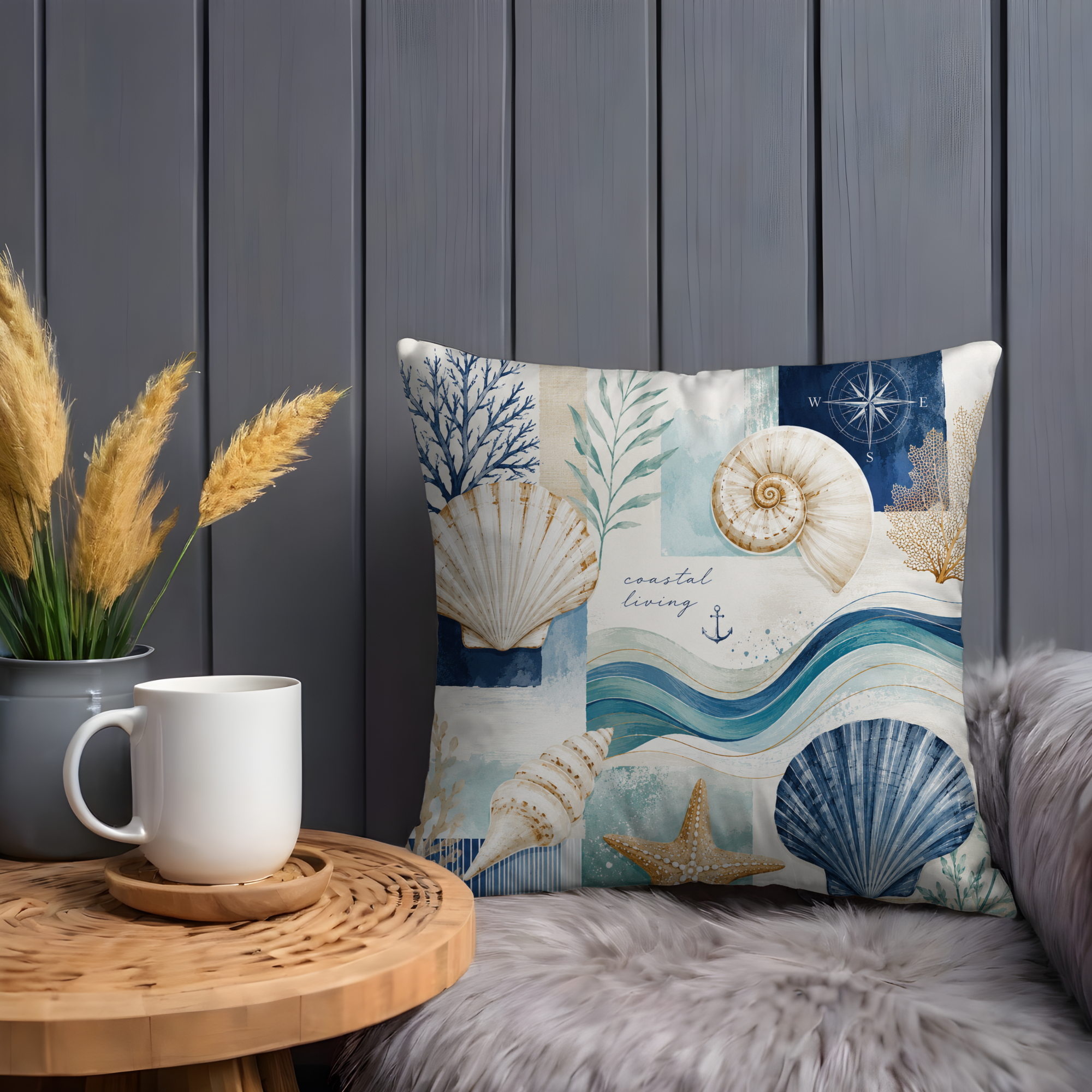 Coastal Living Pillow Cover | Seashell Ocean Art | Beach House Decor