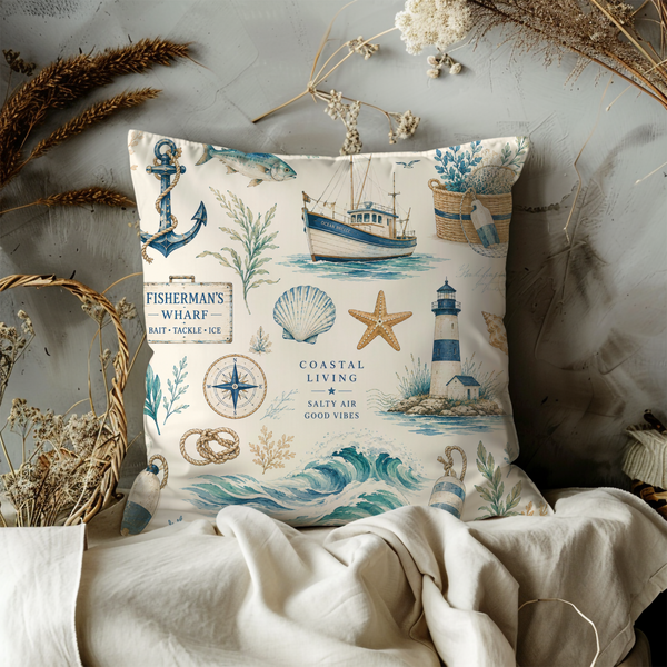 Nautical Collage Pillow Cover – Fisherman's Wharf Art | Coastal Decor