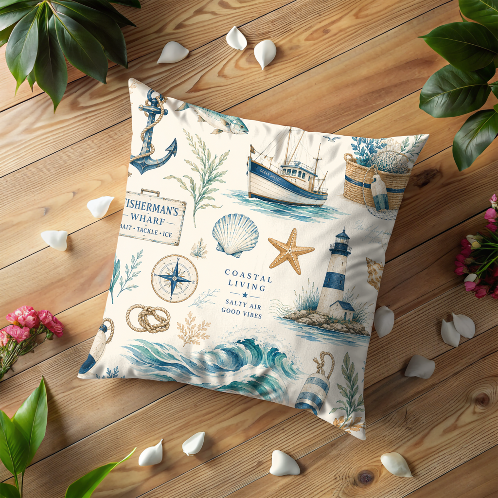 Nautical Collage Pillow Cover | Fisherman's Wharf Art | Coastal Decor