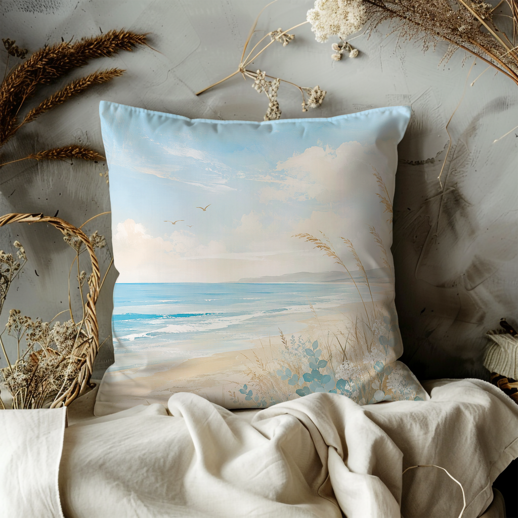 Serene Beach Landscape Pillow Cover | Ocean View Art | Coastal Calm Decor