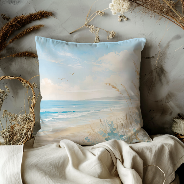Serene Beach Landscape Pillow Cover – Ocean View Art | Coastal Calm Decor