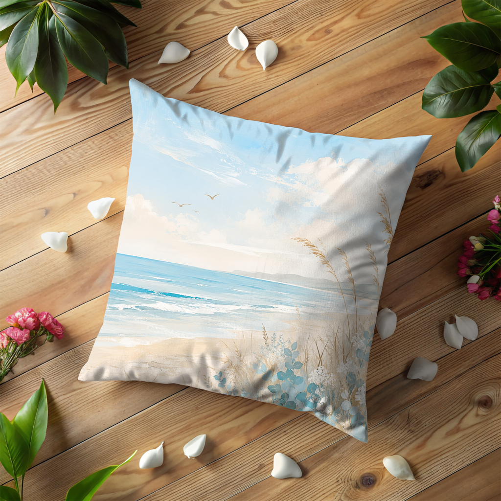 Serene Beach Landscape Pillow Cover | Ocean View Art | Coastal Calm Decor