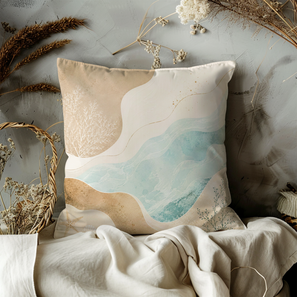 Coastal Wave Pillow Cover – Serene Beach Art | Neutral Boho Decor