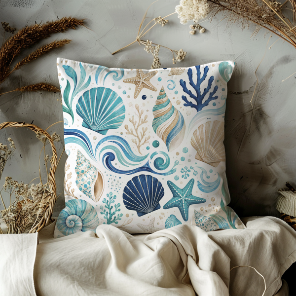 Seashell Ocean Pillow Cover – Coastal Nautical Art | Beach House Decor