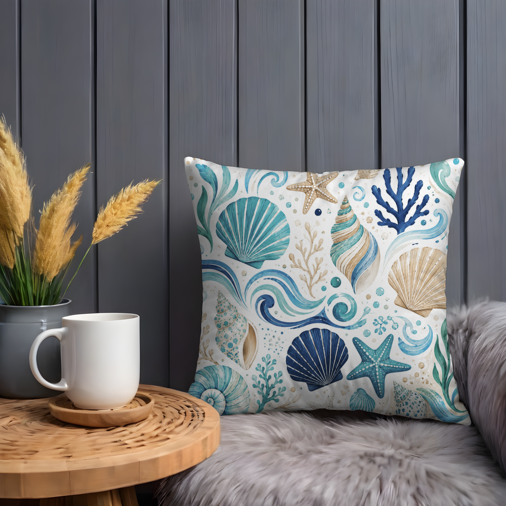Seashell Ocean Pillow Cover | Coastal Nautical Art | Beach House Decor
