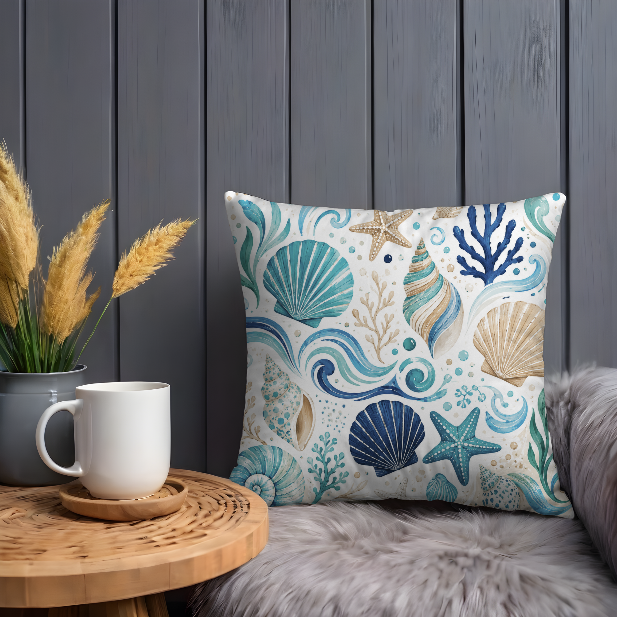 Seashell Ocean Pillow Cover | Coastal Nautical Art | Beach House Decor