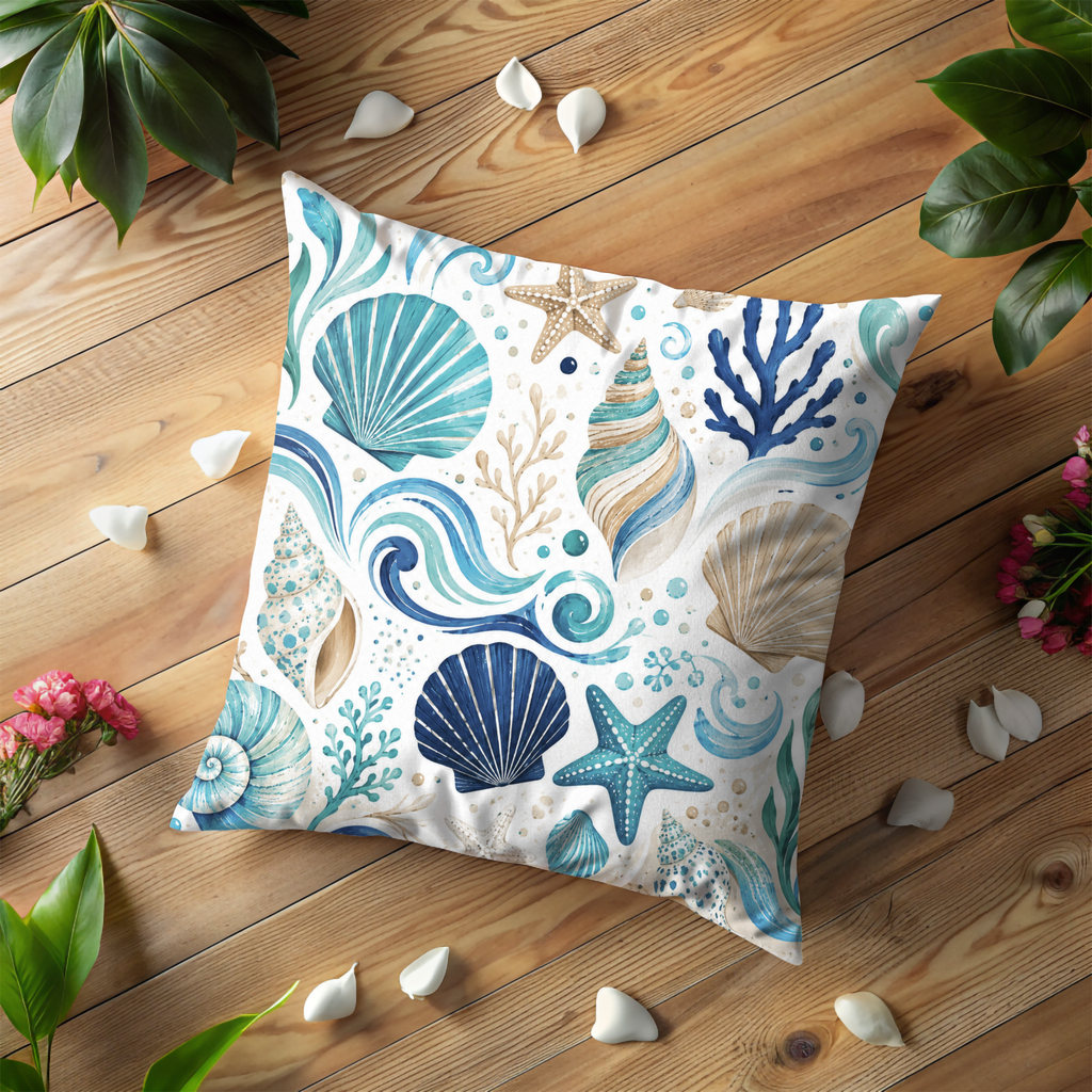 Seashell Ocean Pillow Cover | Coastal Nautical Art | Beach House Decor