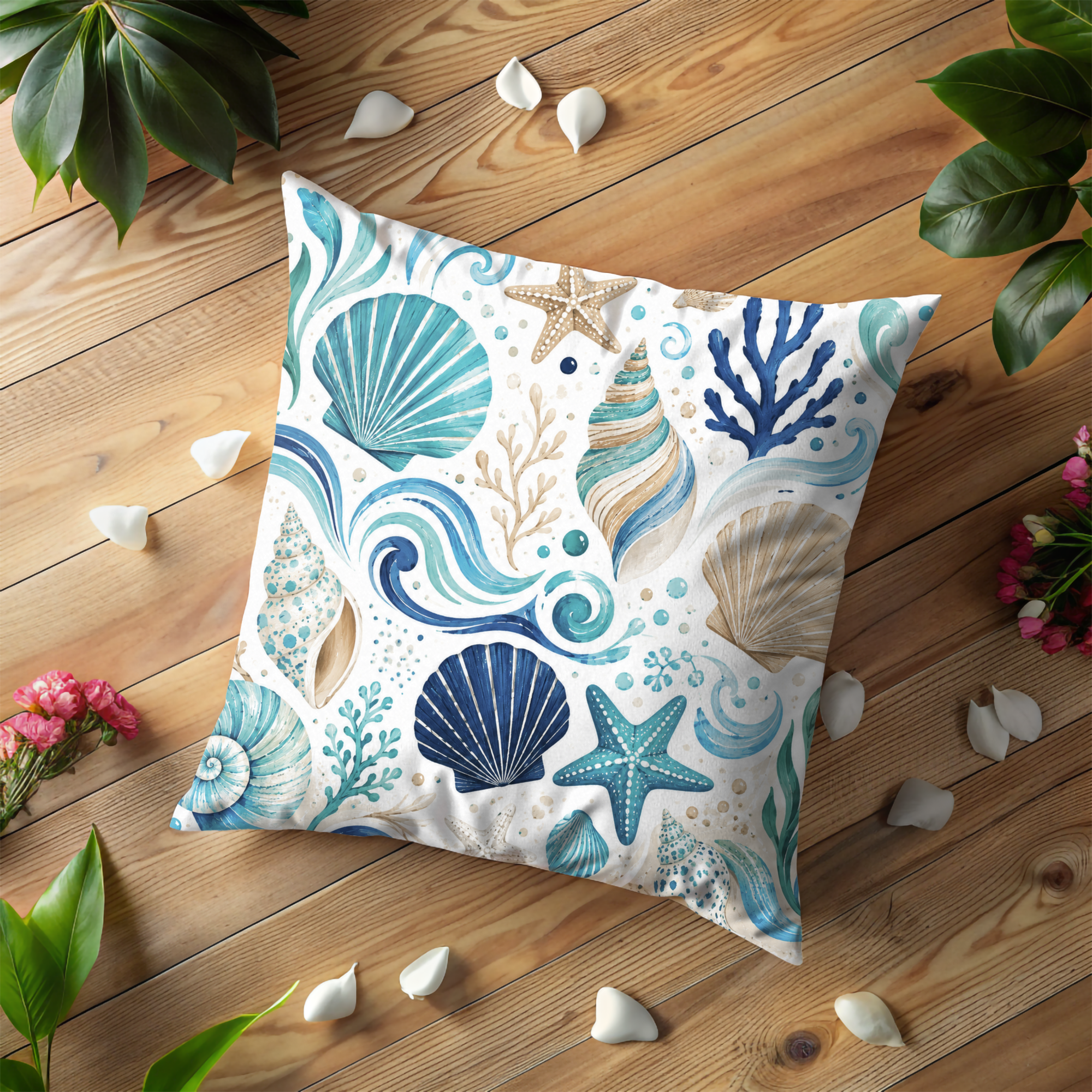 Seashell Ocean Pillow Cover | Coastal Nautical Art | Beach House Decor