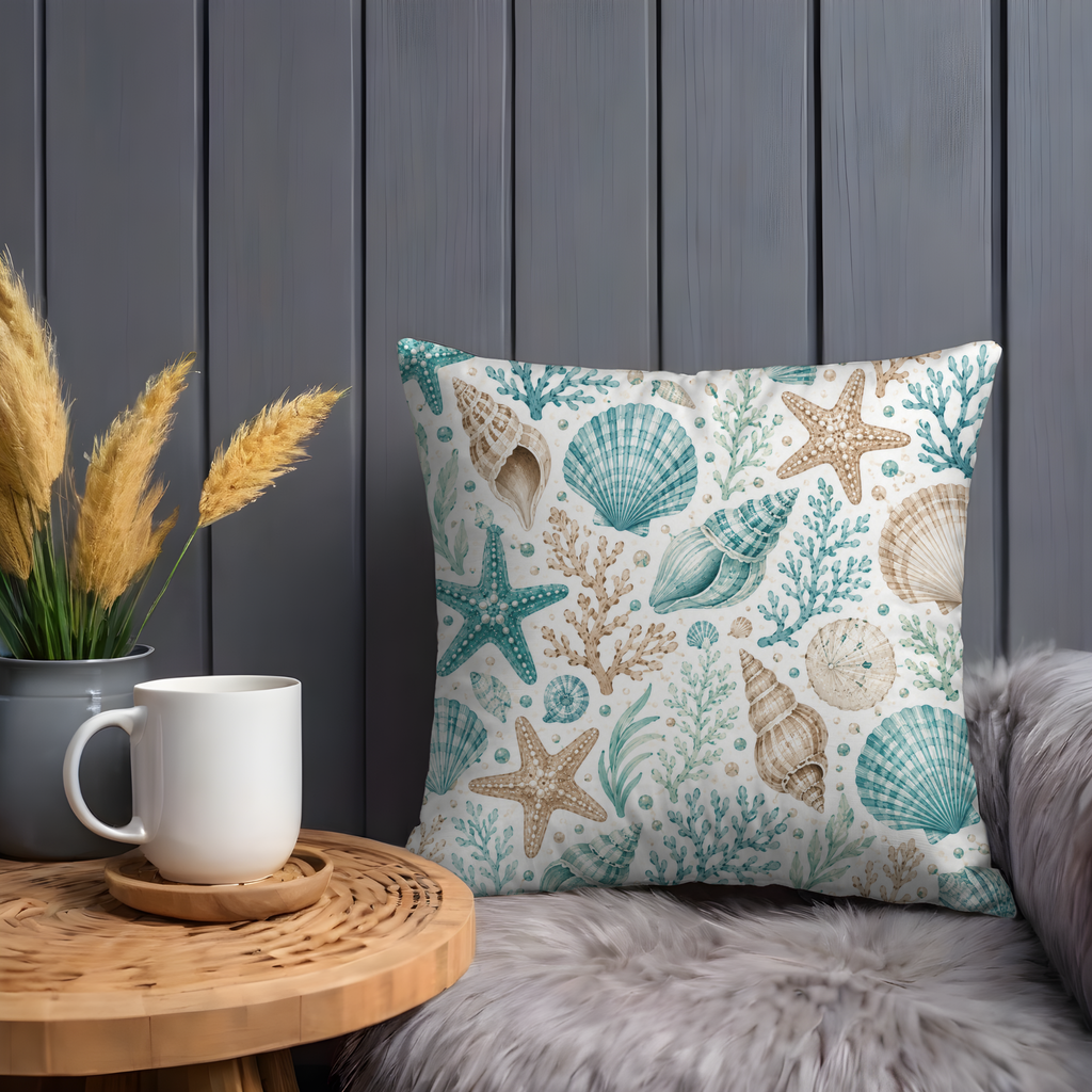 Seashells Starfish Pillow Cover | Coastal Nautical Art | Beach Boho Decor