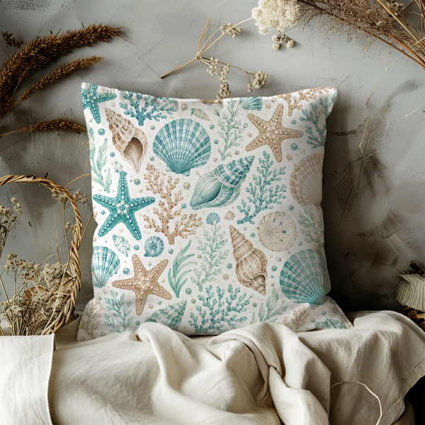 Seashells Starfish Pillow Cover – Coastal Nautical Art | Beach Boho Decor