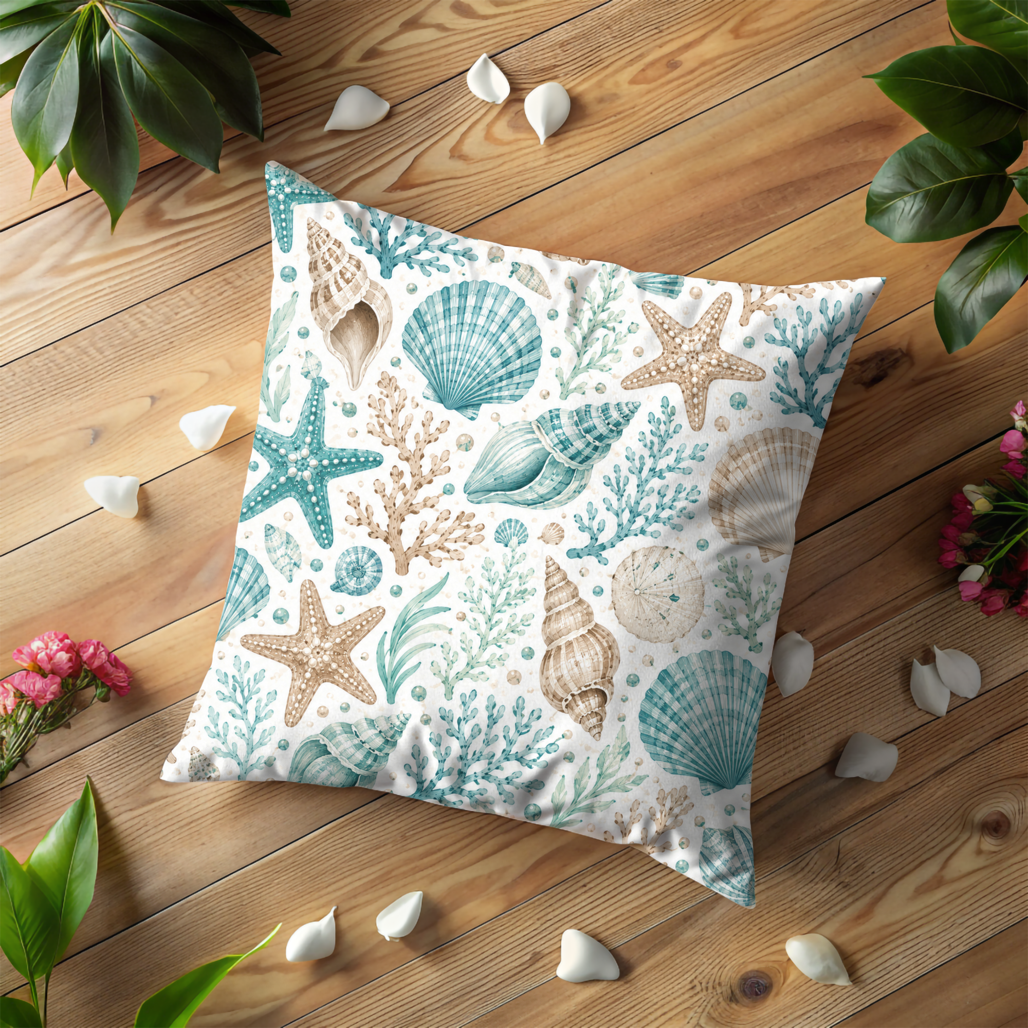 Seashells Starfish Pillow Cover | Coastal Nautical Art | Beach Boho Decor