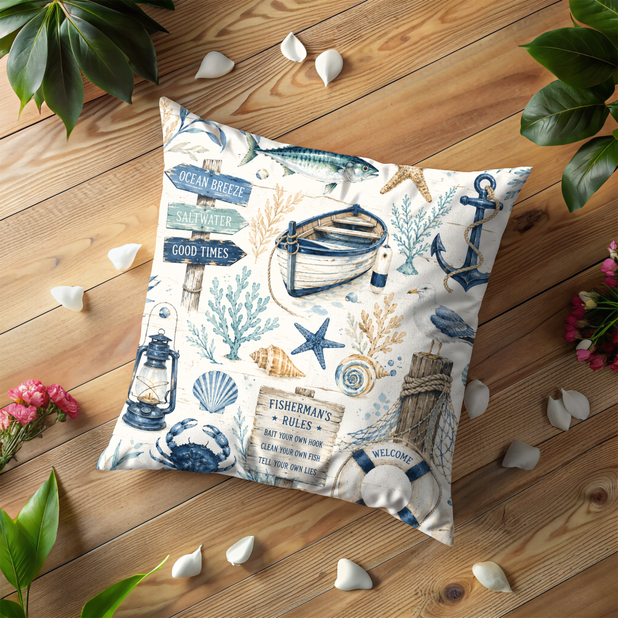 Fisherman Nautical Pillow Cover | Vintage Coastal Art | Beach House Decor