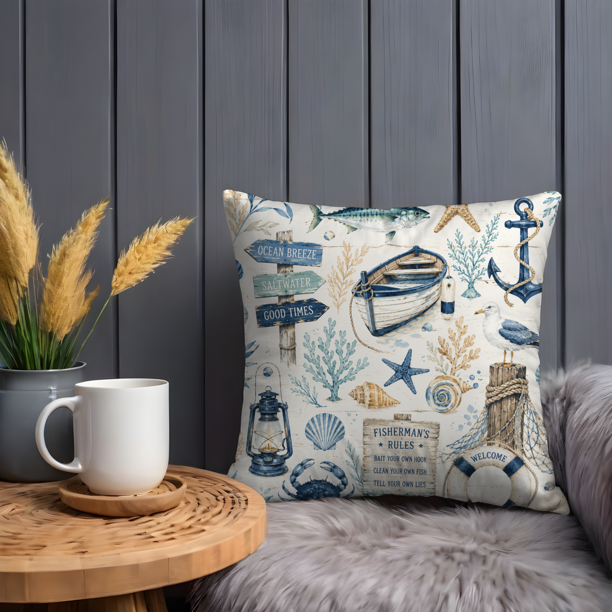 Fisherman Nautical Pillow Cover | Vintage Coastal Art | Beach House Decor