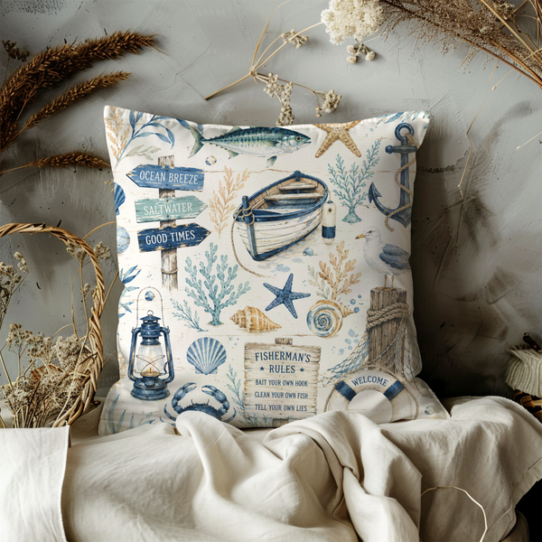 Fisherman Nautical Pillow Cover – Vintage Coastal Art | Beach House Decor