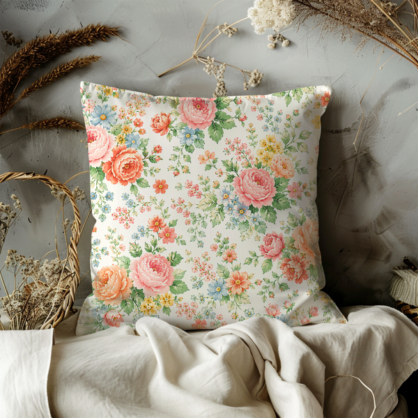 Colorful Floral Pillow Cover – Pink Rose Bouquet | Cottagecore Decor