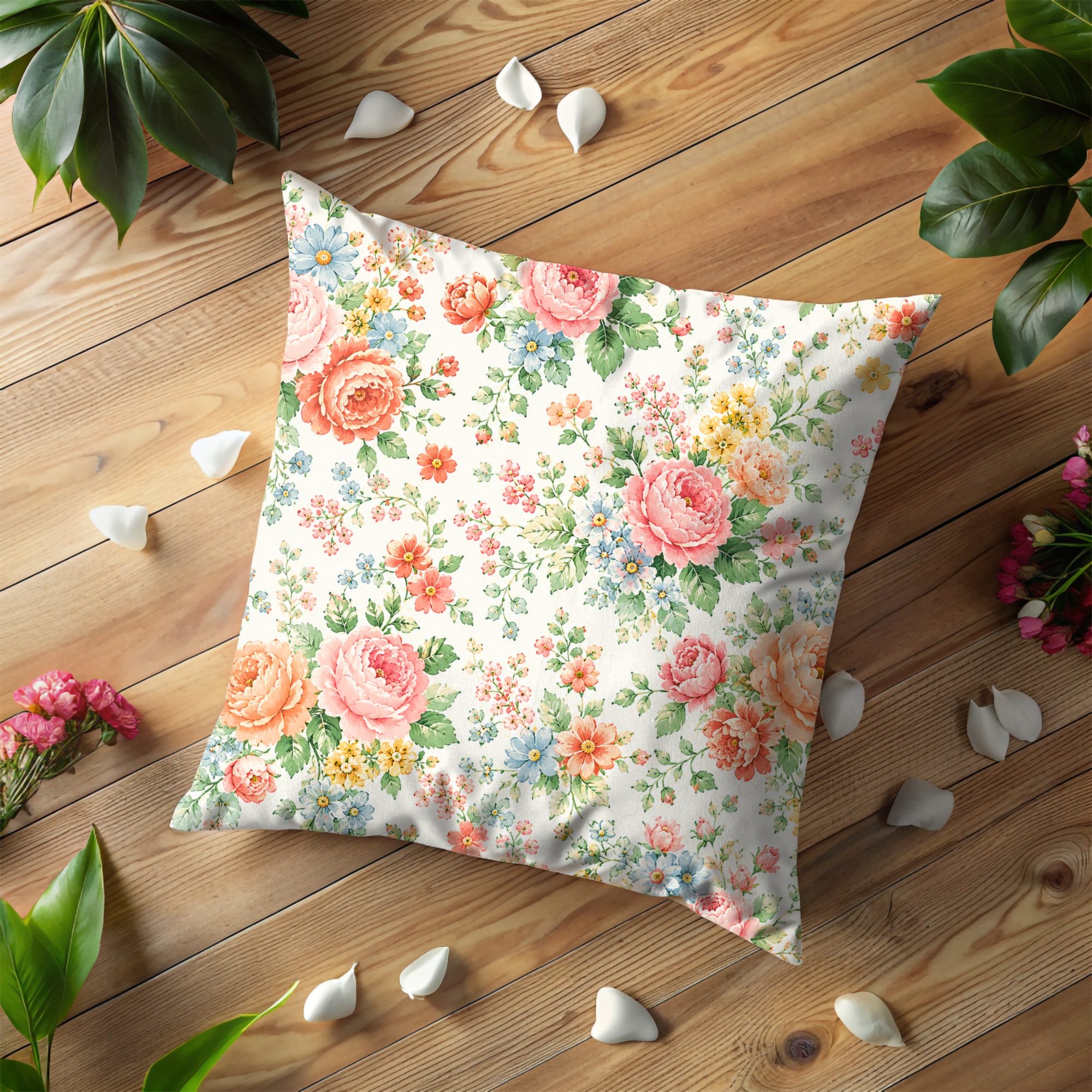 Colorful Floral Pillow Cover | Pink Rose Bouquet | Cottagecore Decor