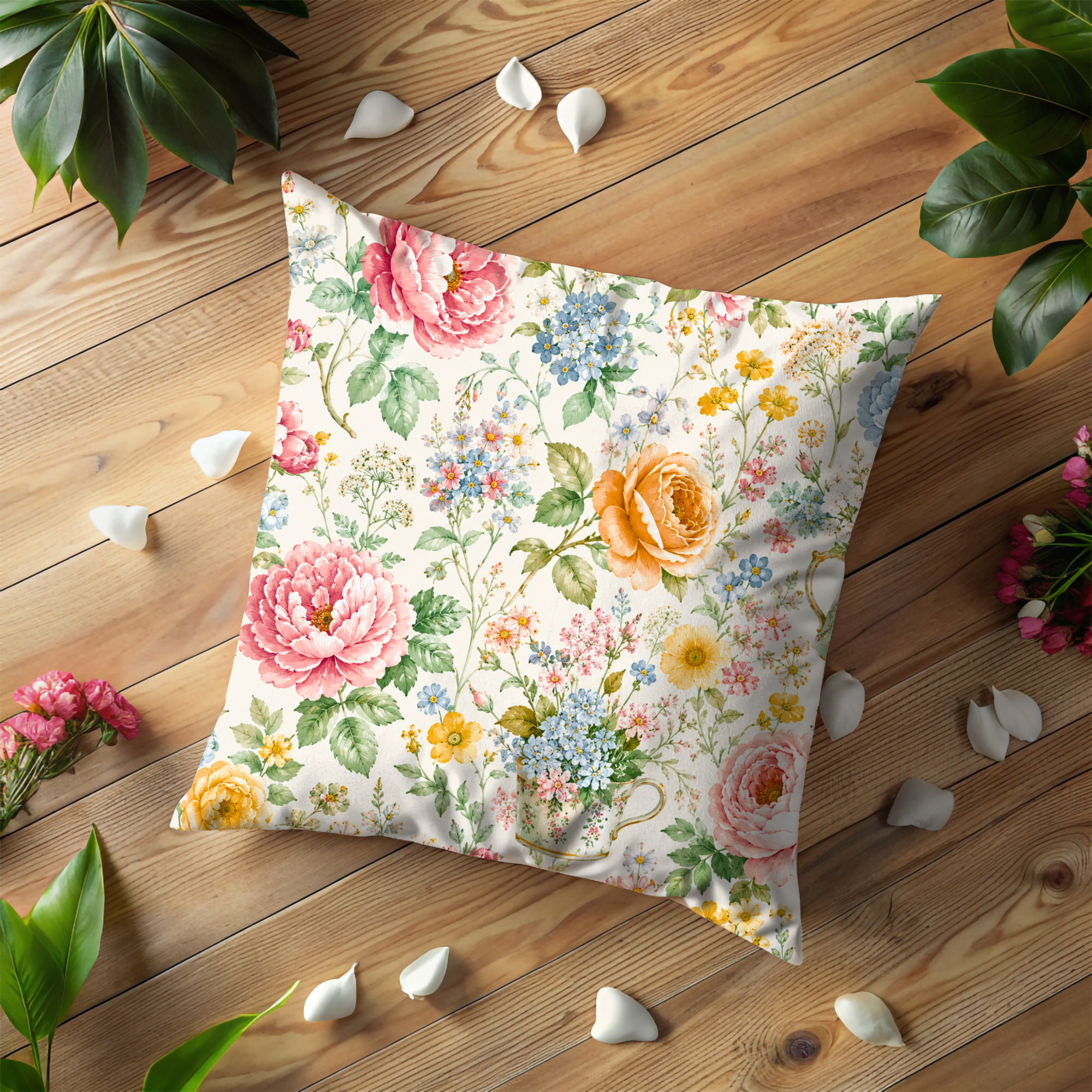 Vintage Floral Pillow Cover | Colorful Garden Art | Romantic Nature Decor