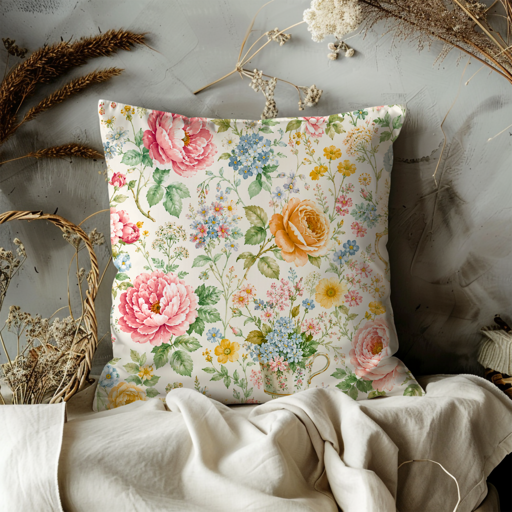 Vintage Floral Pillow Cover | Colorful Garden Art | Romantic Nature Decor