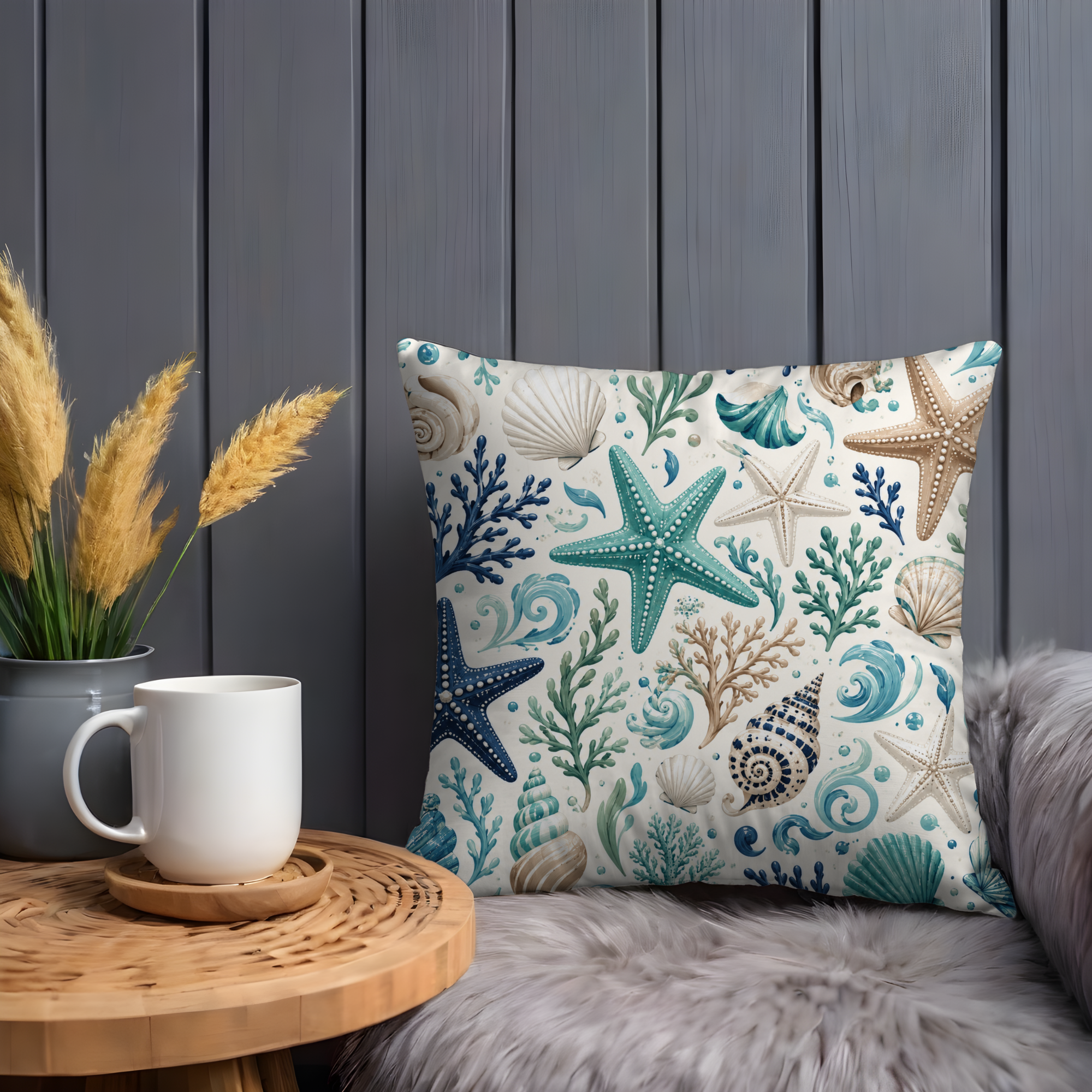 Teal Seashells Pillow Cover | Coastal Nautical Art | Beach Boho Decor