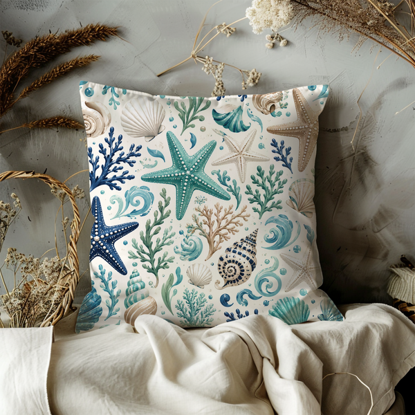 Teal Seashells Pillow Cover – Coastal Nautical Art | Beach Boho Decor